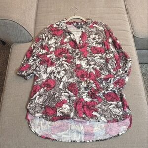 Rock & Republic Pink Black Floral Boho Grunge Casual Oversized Top Blouse Large